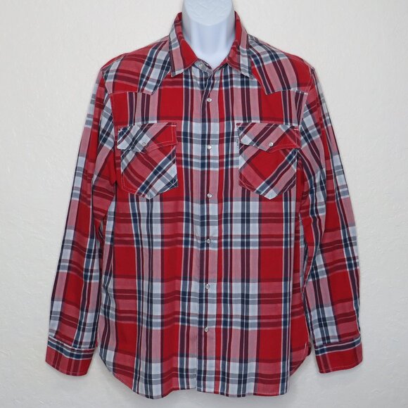 Levi's* Men's Long Sleeve Snap Down Curved Hem Pocket Plaid Dress Shirt~ Large - Picture 1 of 11
